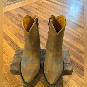 Old Gringo Tan Leather Western Zip Ankle Boots with Blue Floral Stitching